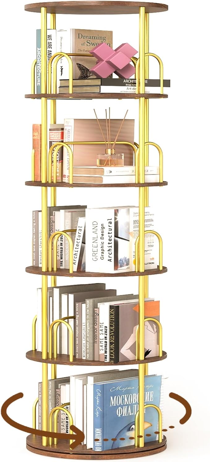 5-Tier Rotating Bookshelf, 360° Round Spinning Book Shelf Tower, Tall Skinny - Image 8