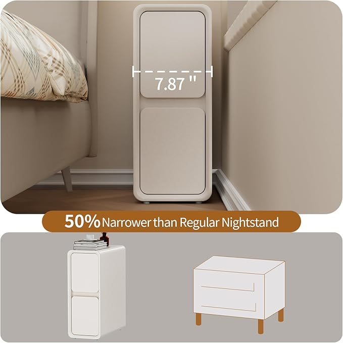 VICITON Modern Narrow Faux Leather Nightstand, Solid Wood Drawer, Storage - Image 8