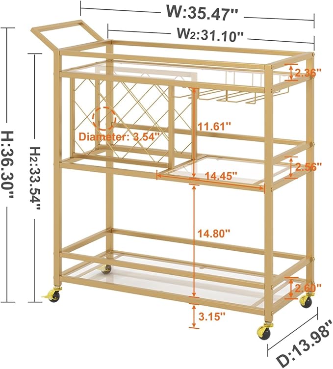 FATORRI Bar Cart Gold, Home Bar Serving Cart - Image 6