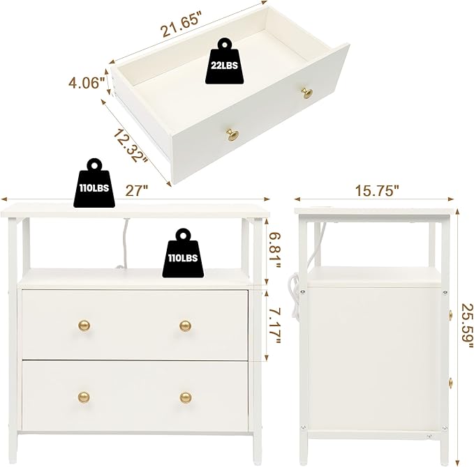 27 inch Wide Nightstand with Charging Station, Bedside Table with Open Shelf - Image 3