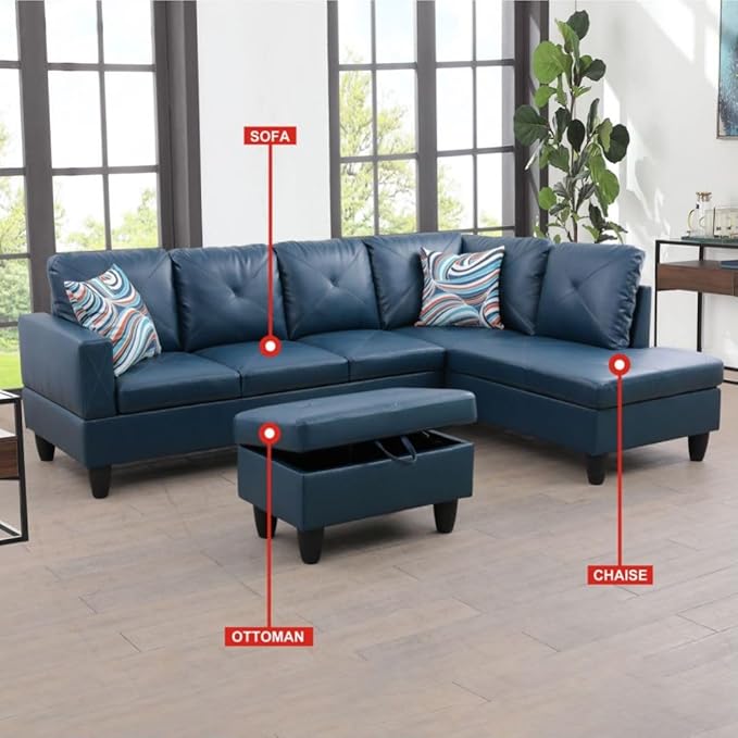 Deep Blue L-Shaped 3-Piece Faux Leather Sofa - Image 3