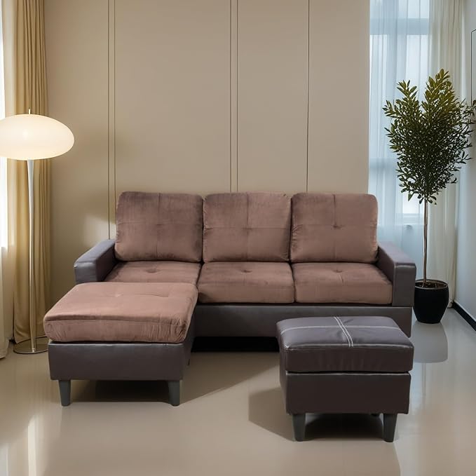 L Shaped Sofa with Ottoman, Modern Faux Leather Couch with Chaise, 3 Seat - Image 6