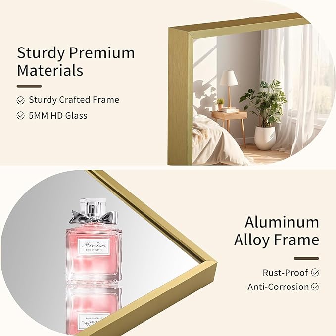 Brushed Gold Mirror, 40x30 Inch Aluminum Framed Rectangle Mirror, Tempered Glass - Image 3