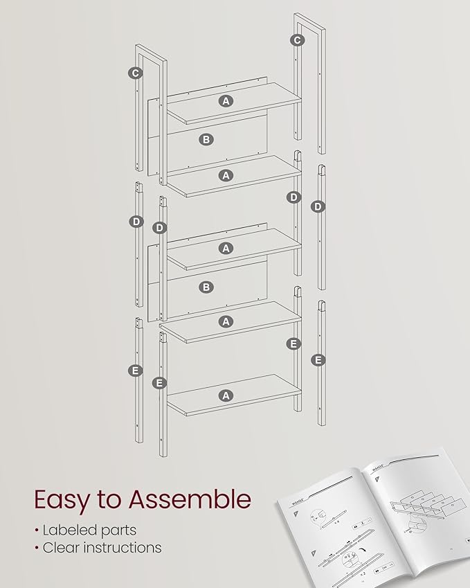 VASAGLE 5-Tier Bookshelf, Book Shelf, Industrial Bookcase, - Image 9
