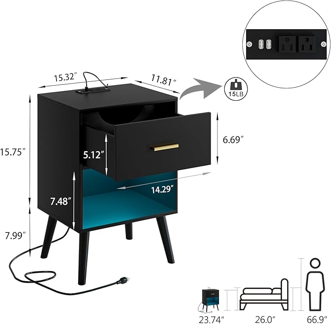 Nightstand with Charging Station and LED Lights, Small Side Table, Bedside - Image 2