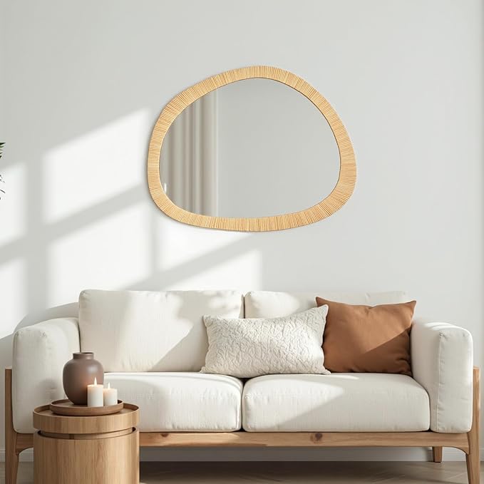 H HOMEWINS Rattan Mirror for Wall, 31.5'' x 25.2" Wooden Framed Farmhouse Boho - Image 5