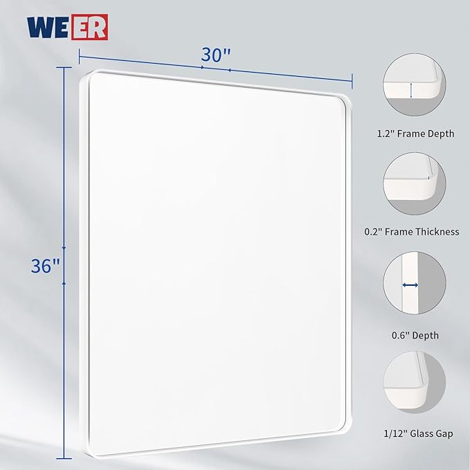 WEER White Bathroom Mirror 36X30 Inch, Rounded Rectangle White Metal Frame - Image 6