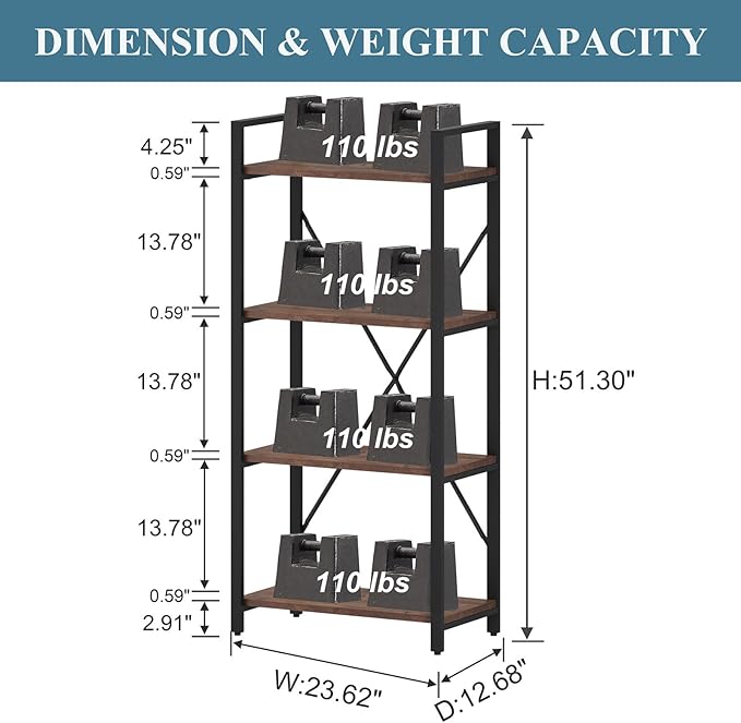 BON AUGURE Industrial 4 Tier Bookshelf, Modern Open Etagere Bookcase, Wood - Image 2
