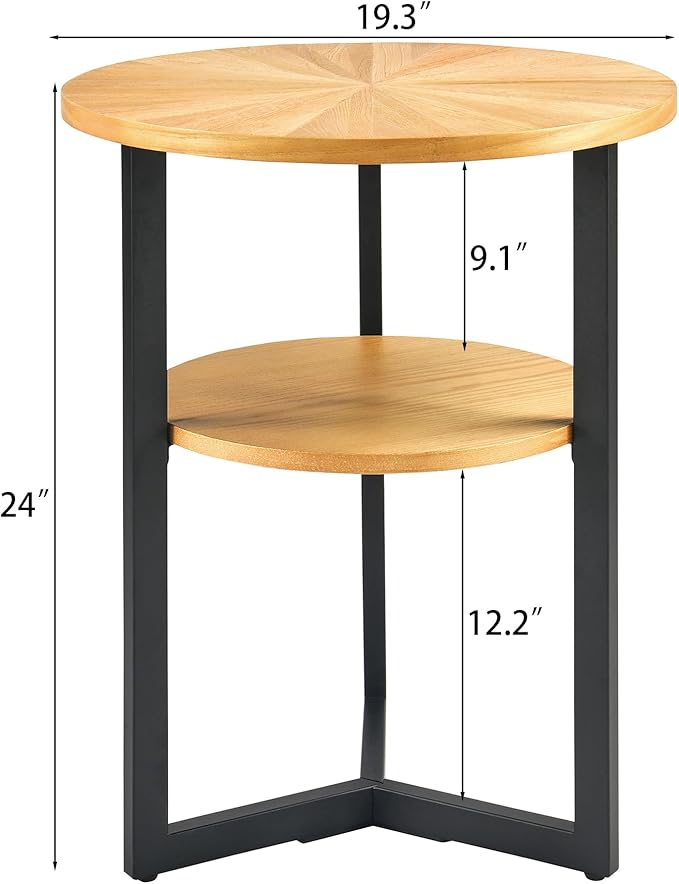 MODERION Round End Table with Storage, Solid Wood & Black Metal Frame, 19.3"L x - Image 2