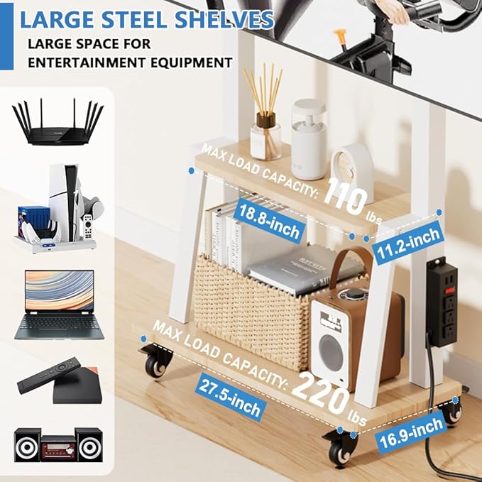 Mobile TV Stand with Power Outlet, Wood Shelf Portable TV Stand on Wheels - Image 5