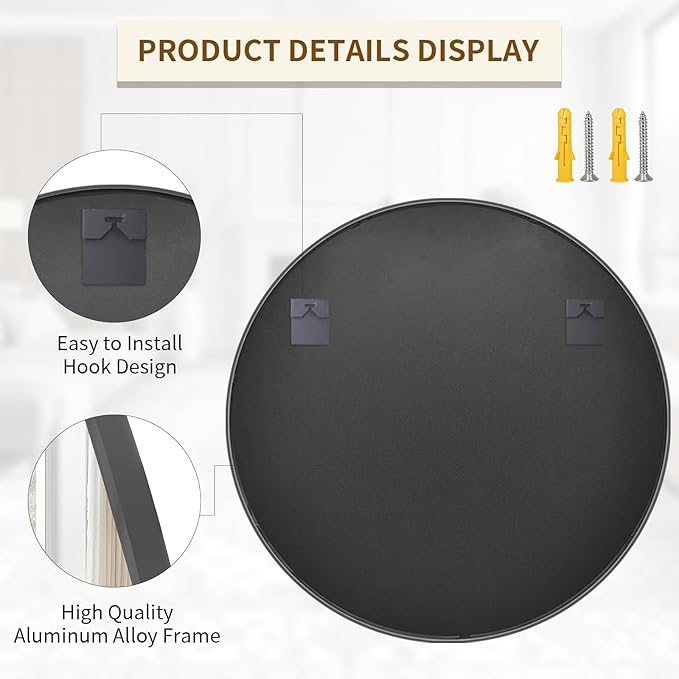 BEAUTYPEAK 48 Inch Round Mirror, Metal Frame Circle Mirror, Wall Mounted - Image 6