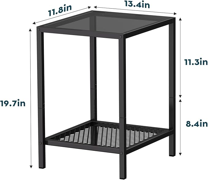 SAYGOER Black Side Table Small Glass End Table 2-Tier Narrow Square Bed Side - Image 2