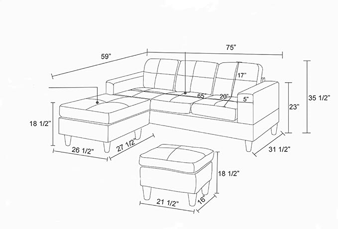 L Shaped Sofa with Ottoman, Modern Faux Leather Couch with Chaise, 3 Seat - Image 2