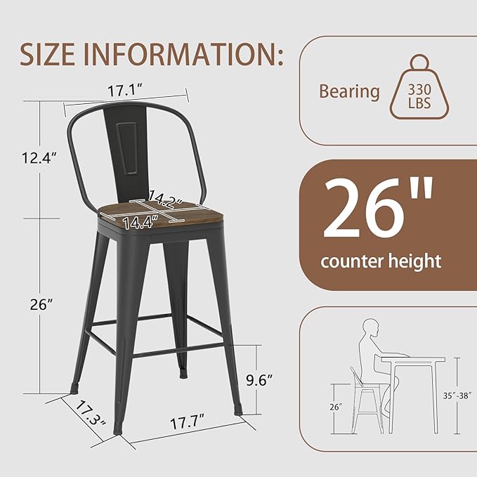 26” Swivel Bar Stools Set of 4, Counter Height Bar Stools Wooden Seat, Metal - Image 2