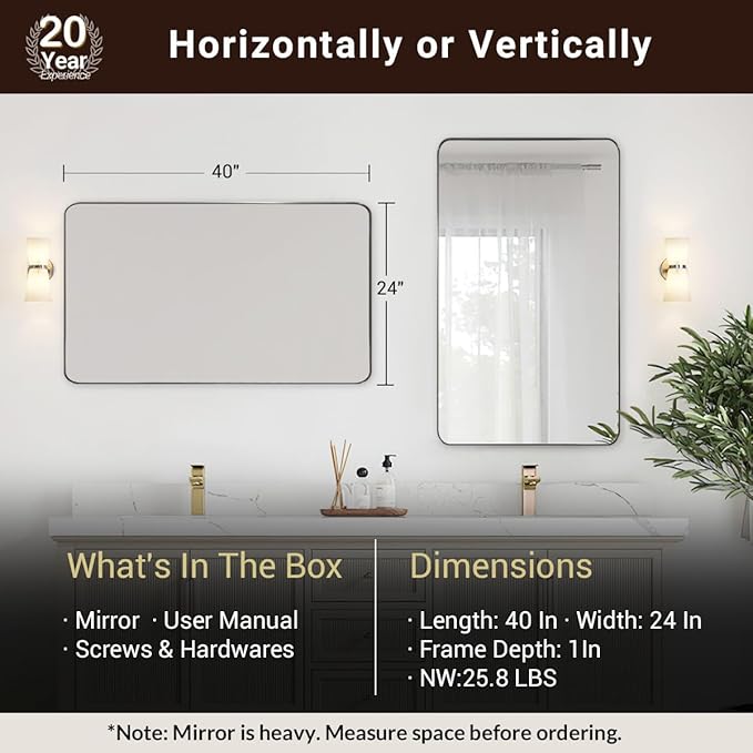 ANDY STAR Black Bathroom Mirror, 24”x40” Rounded Corner Rectangle Mirror - Image 4