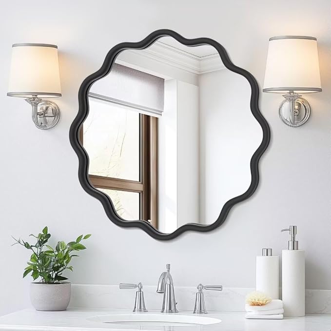 PROHOMEWARE Black Round Mirror 20 Inch Wavy Bathroom Vanity Mirror Black Frame by PROHOMEWARE