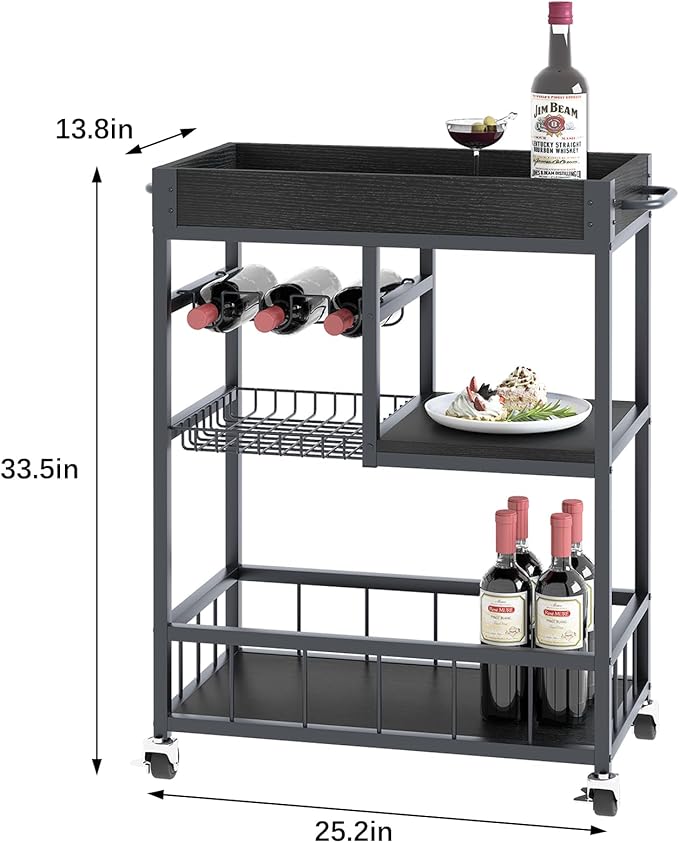 Bar Cart with Basket 3 Tiers Home Rolling Wine Rack with Wheels Mobile Kitchen - Image 3