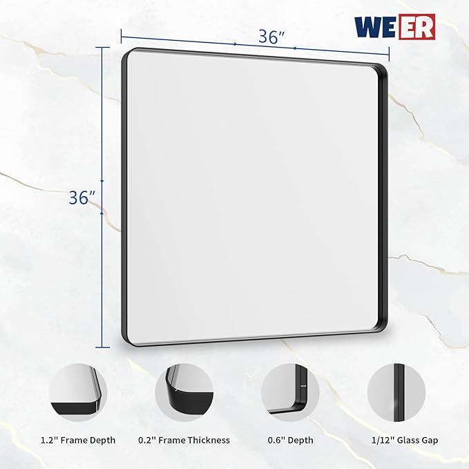 WEER 36X36 Inch Black Metal Framed Bathroom Mirror, Matte Black Bathroom Vanity - Image 6