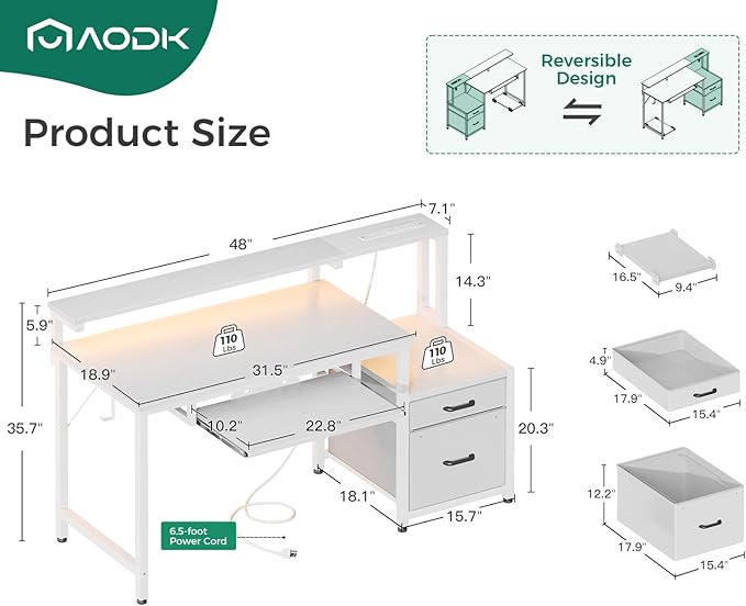AODK Computer Desk with Drawers and Keyboard Tray, Reversible Study Work Desk - Image 3