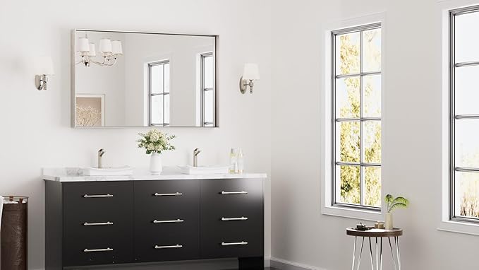 Keonjinn 48 x 30 in Brushed Nickel Bathroom Vanity Mirror, Rectangular Silver - Image 2