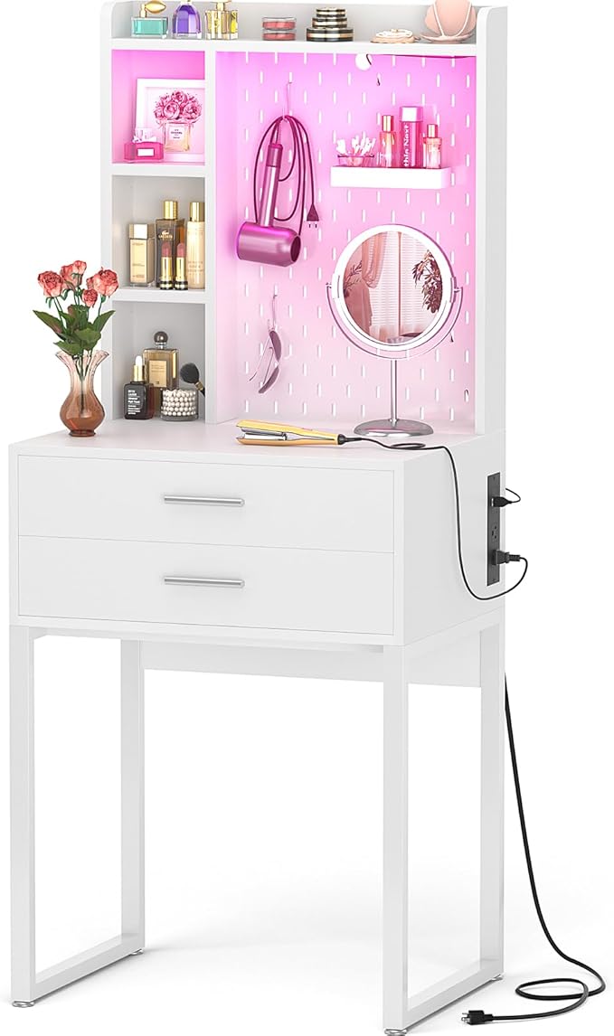Small Vanity Desk with Hutch and Drawers, Vanity Table Dressing Table with LED by Besiost
