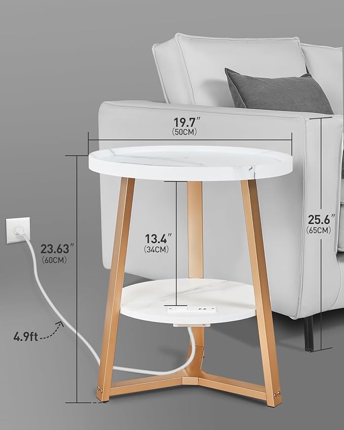 Round End Table with Charging Station, 19.7" Dia x 23.63" H, Side Table with - Image 3