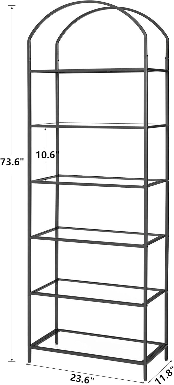 Homhedy Bookshelf Arched Display Racks, Metal Bookcase, Tempered Glass Shelves - Image 2