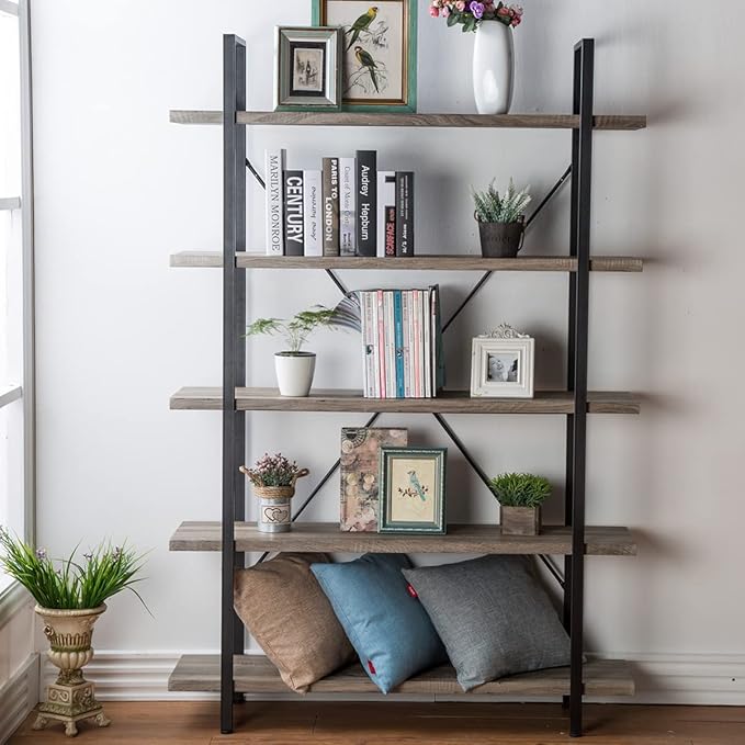 HSH 5-Shelf Vintage Industrial Rustic Bookshelf, 5 Tier Wood and Metal Bookcase - Image 7
