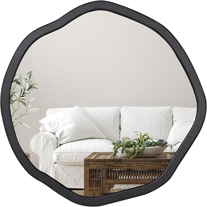 ULIKE Round Wood Mirror, 30 Inch Black Asymmetrical Circle Vanity Mirror - Image 9