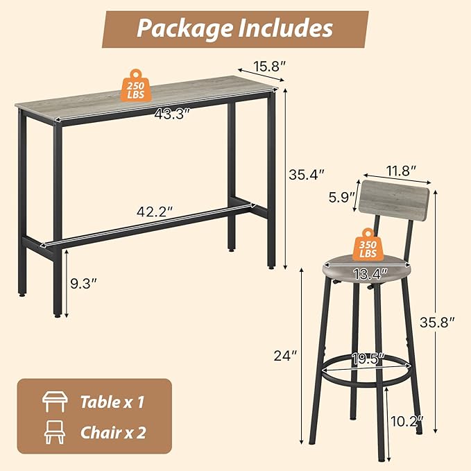 Dining Table Set for 2, 3-Piece Bar Table and Chairs Set, Kitchen Table and - Image 2