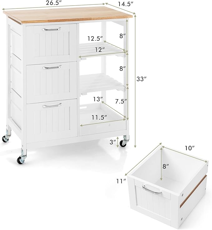 COSTWAY Kitchen Storage Island Cart on Wheels, Kitchen Rolling Trolley Cart - Image 6
