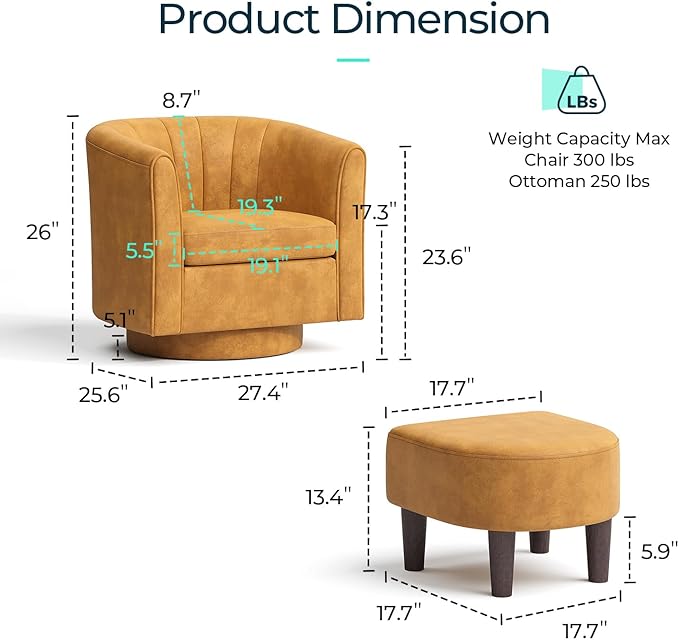 LINSY Swivel Accent Chair with Ottoman: Small Velvet Barrel Chair 360 Swivel - Image 2