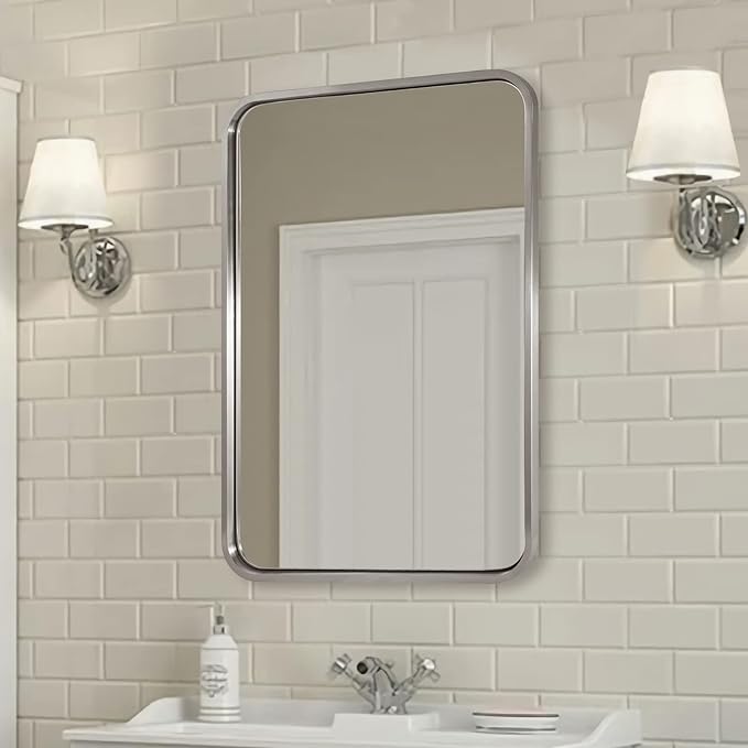 ANDY STAR 22x30'' Brushed Nickel Bathroom Mirror, Rounded Rectangle Brushed - Image 3