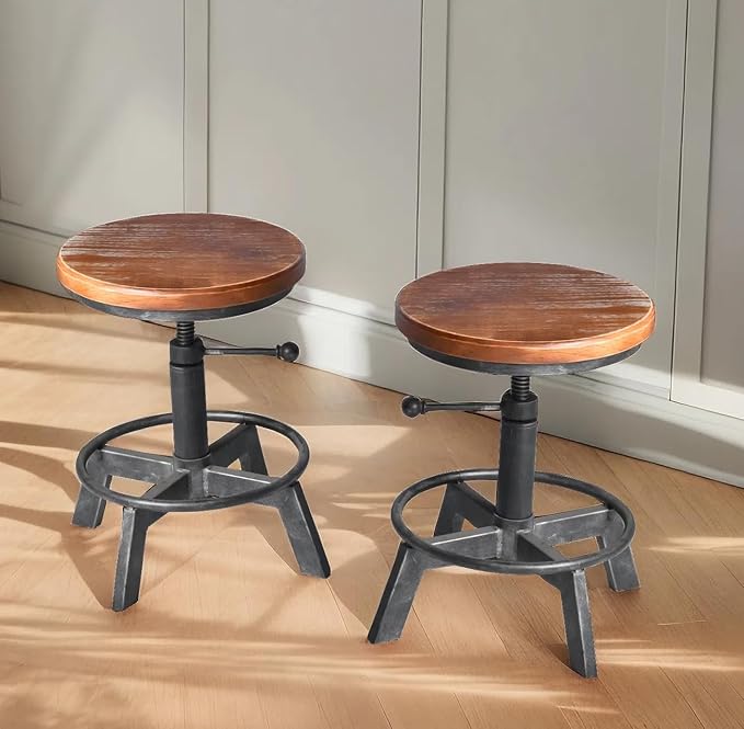 Set of 2-Industrial Bar Stool-Counter Height Chairs- Swivel Wooden Seat- by BOKKOLIK