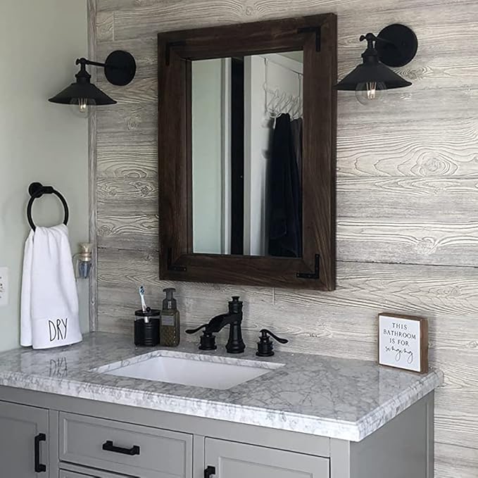 YOSHOOT Rustic Wooden Framed Wall Mirror, Natural Wood Bathroom Vanity Mirror - Image 4