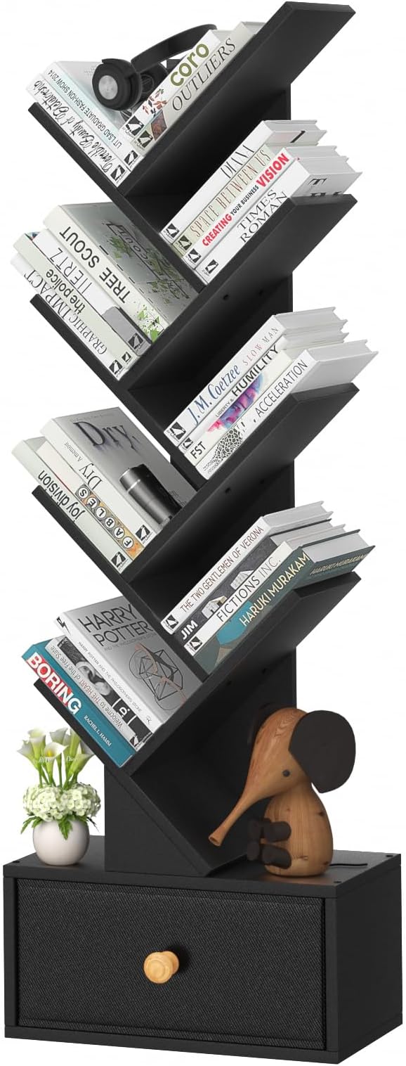 8 Tier Tree Bookshelf with Drawer, Free Standing Wood Bookcase - Image 9