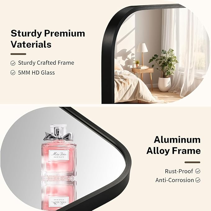 Black Bathroom Mirror, 40x30 Inch Aluminum Frame Rectangle Mirror, Tempered - Image 3