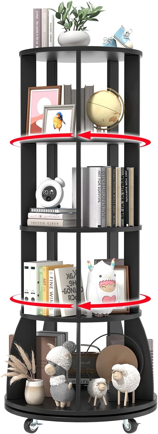 4 Tier Rotating Bookshelf with Brake Wheels, 360° Spinning Bookcase, Vertical by WelcometoIABIFO