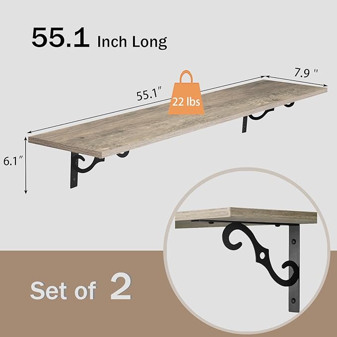 DINZI LVJ Long Wall Shelves, 55.1" Large Floating Shelves Set of 2, Wide - Image 3