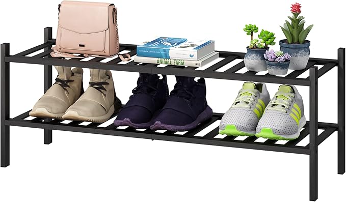 Black Shoe Rack, 2-Tier Long Shoe Rack by VIEWCARE