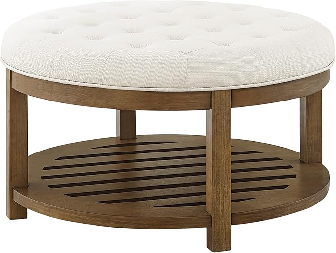 24KF Large Round Upholstered Tufted Linen Ottoman Coffee Table, Large Footrest - Image 3