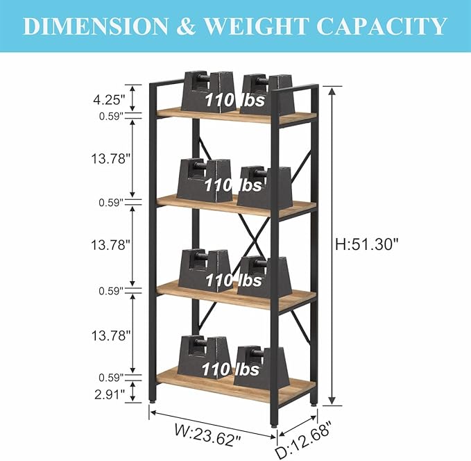 BON AUGURE Industrial 4 Tier Bookshelf, Modern Open Shelving Unit Book Shelves - Image 2