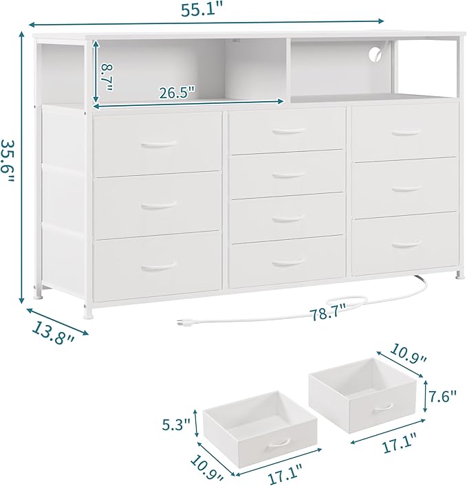 55W 10-Drawers Dresser with 2 Open Storage Shelves, TV Stand Dresser - Image 3