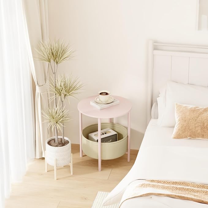 Round End Table with Fabric Basket, Bedside Table with Storage, Morden Round - Image 5