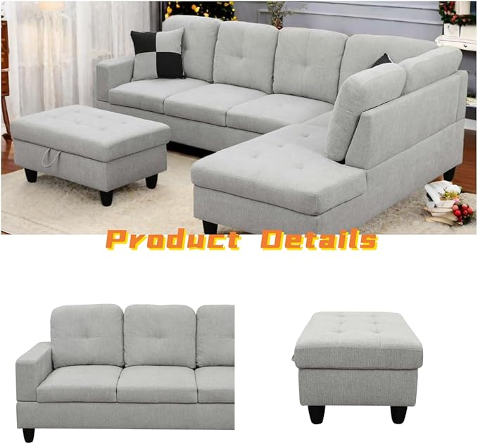 L Shaped Sectional Couch with Otttoman, Apartments, Light Grey - Image 4