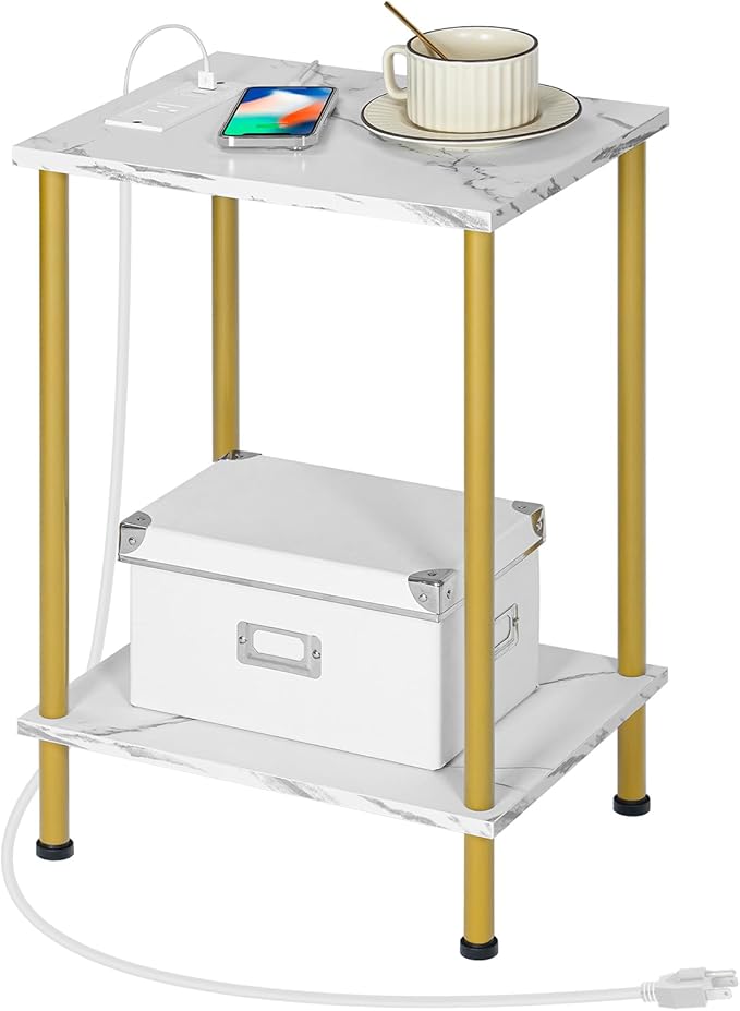 HOOBRO Side Table with Charging Station, Nightstand with 2-Layer Storage Shelves - Image 9