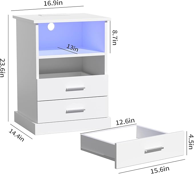 Nightstand with Charging Station, LED Lights Side Table with 3 Drawers - Image 3