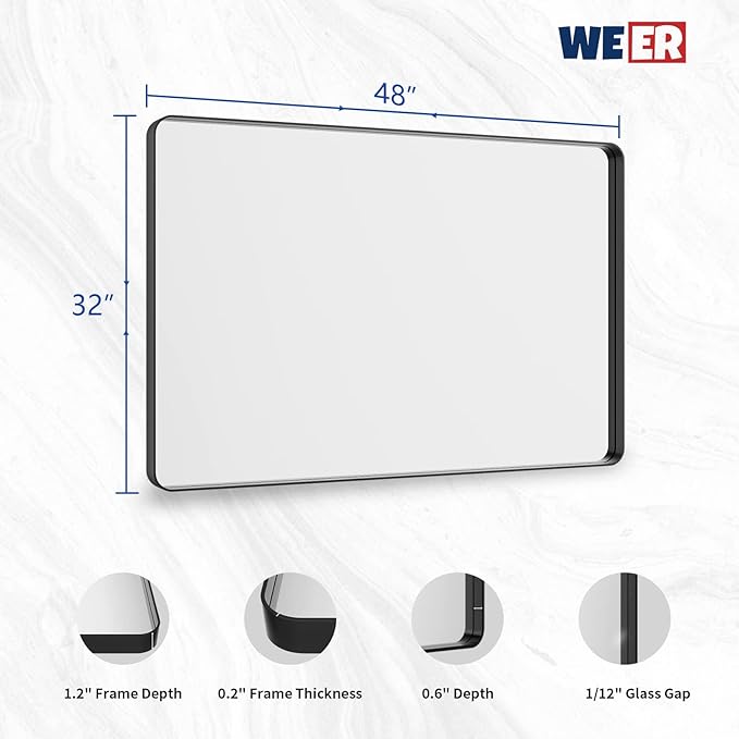 WEER Black Bathroom Mirror 48X32 Inch, Rectangular Black Metal Framed Mirror - Image 6
