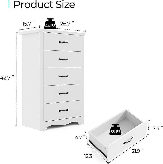 LINSY HOME White 5-Drawer Dresser - Image 3