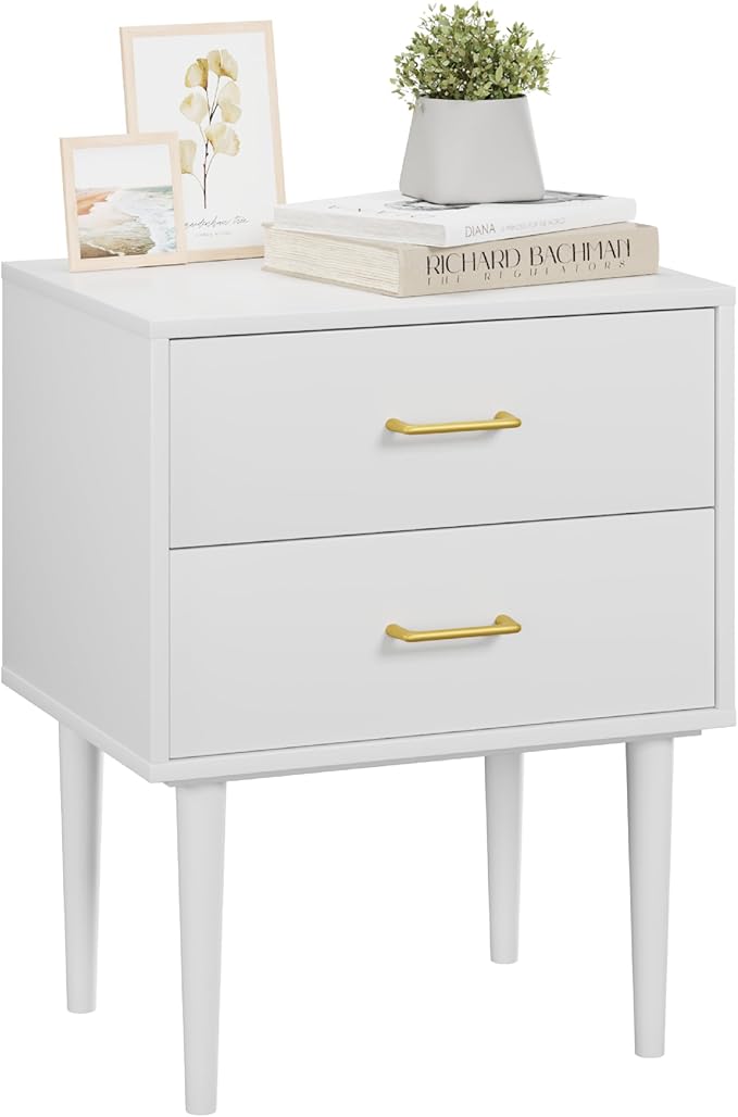 26 H White Nightstand with 2 Drawers, Small Night Stand with Gold Handles by Algherohein